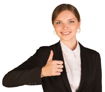 Businesswoman showing thumb up. Isolated on white background