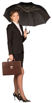 Businesswoman holding a briefcase and umbrella. Isolated on white background