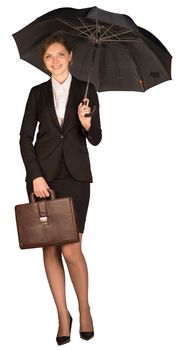 Businesswoman holding a briefcase and umbrella. Isolated on white background