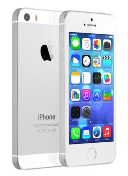 Galati, Romania - August 26, 2014: Silver iPhone 5s showing the home screen with iOS7. Some of the new features of the iPhone 5s include fingerprint recognition built into the home button, a new camera, and a 64-bit processor. Apple released the iPhone 5s on September 20, 2013.
