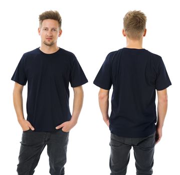 Photo of a man wearing blank dark blue t-shirt, front and back. Ready for your design or artwork.