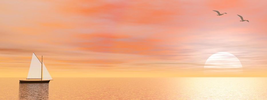 Peaceful sailboat on the ocean by sunset - 3D render