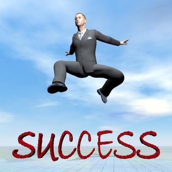 Businessman jumping upon success word by beautiful day - 3D render