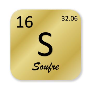 Black sulfur element, french soufre, into golden square shape isolated in white background
