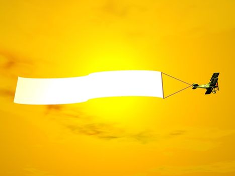 Biplane aircraft pulling advertisement banner in orange sunset sky - 3D render