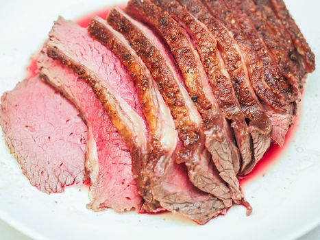 Fried seasoned juicy red meat on white plate