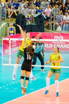BANGKOK - AUGUST 17: Sheilla Blassioli of Brazil Volleyball Team in action during The Volleyball World Grand Prix 2014 at Indoor Stadium Huamark on August 17, 2014 in Bangkok, Thailand.