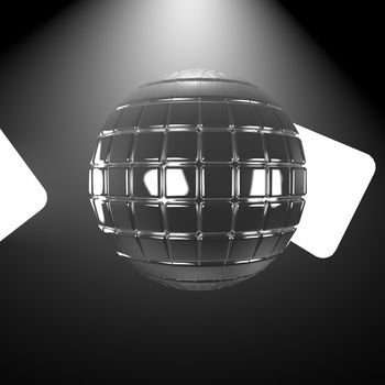 Mirrorball with two lights in darkness, 3d render