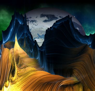 Alien mountains with space background and a big planet