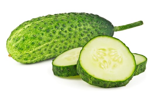 One young whole cucumber and three slices on white background