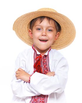 Closeup portrait of boy in the national Ukrainian costume isolated white backgraund