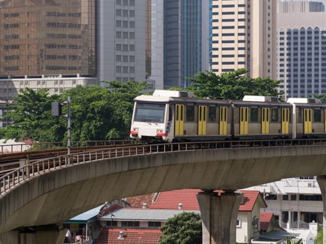 Light Rail Train travelling through a densely populated area of Kuala Lumpur, the capital of Malaysia.