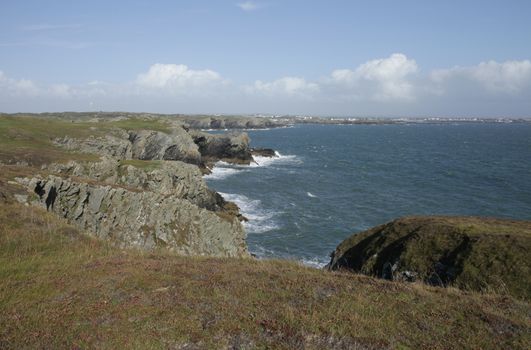 A view from clifftop vegetation at Porth Ruffydd looking past cliffs towards Trearddur bay in the distance, Wales coast path, The Range, Anglesey, Wales, UK.