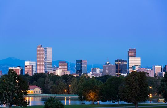 City skyline of Denver Colorado from the City Park taken from front of Science Museum just before sunrise