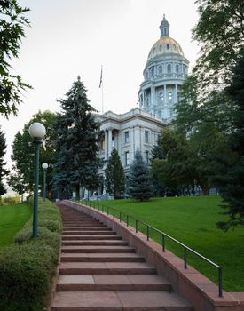 Steps up to entrance of the State Capitol in Denver Colorado shortly after sunrise