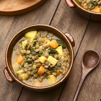 Vegetarian soup made of lentils, spinach, potato, carrot and onion served in dark brown bowl (Selective Focus, Focus one third into the soup)