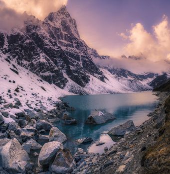 Sunset in the Himalaya mountains. Panorama. Travel to Nepal