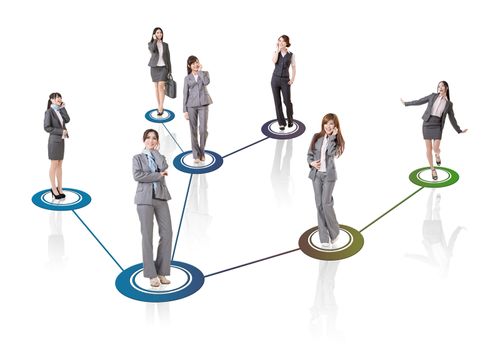 Business network, Asian business people use mobile phone to communicate to each other on white background.