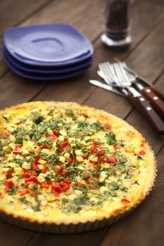 Homemade vegetarian quiche with zucchini, red bell pepper and parsley in baking dish (Very Shallow Depth of Field, Focus in the middle of the quiche)