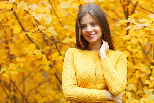 Portrait of a beautiful young woman over autumn tree background