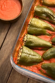 Hungarian baked pepper filled with mincemeat and rice eaten with tomato sauce (Selective Focus, Focus on the top of the filled peppers on the bottom of the image)