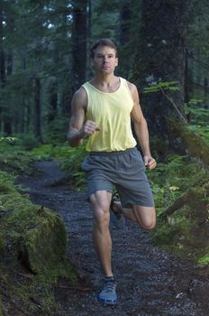 Muscular Caucasian man running in short and tank top on trail through dense forest