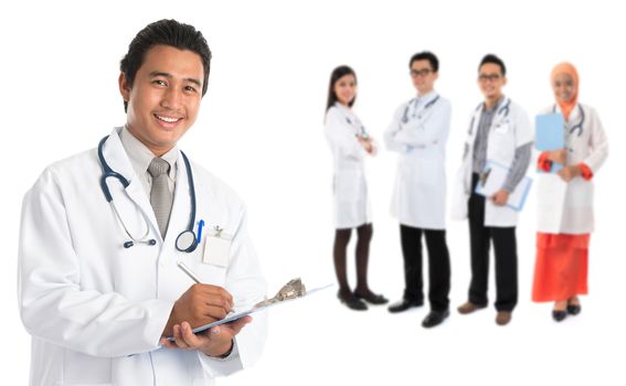 Group of southeast Asian doctors standing isolated on white background.