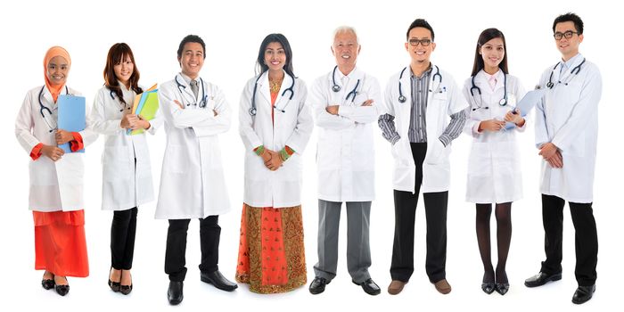 Multiracial diversity Asian doctors, medical team standing isolated on white background.