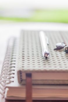 Pen on two notebooks with green background, stock photo