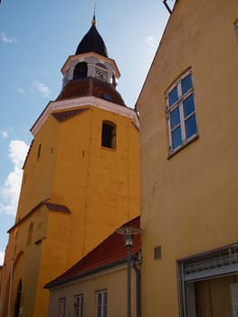 Classical old bell tower landmark of the old city Faaborg Denmark 
