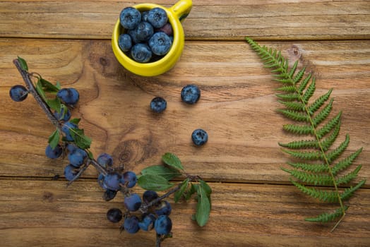 Fresh blueberries on kitchen wooden table with yellow pot