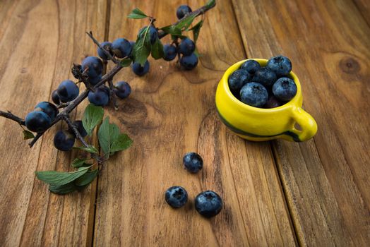 fresh blueberries on kitchen wooden table with yellow pot