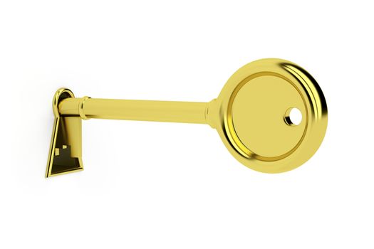Gold key in keyhole on white background
