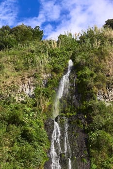 The waterfall called El Cabello Del Virgen (The Virgin's Hair) in the small town of Banos in Ecuador