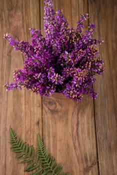 purple and viola heather flowers on wooden table