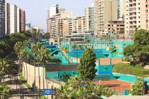 LIMA, PERU - FEBRUARY 20, 2012: The tennis club "Club Tennis Las Terrazas" situated between the streets Bajada Balta and Malecon 28 de Julio in the district of Miraflores on February 20, 2012 in Lima, Peru. Miraflores is one of the most modern and richest districts of Lima. 