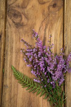 Purple and viola heather flowers on wooden table