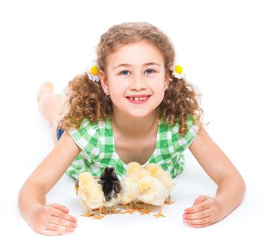 Happy little girl holding baby chickens - isolated white background