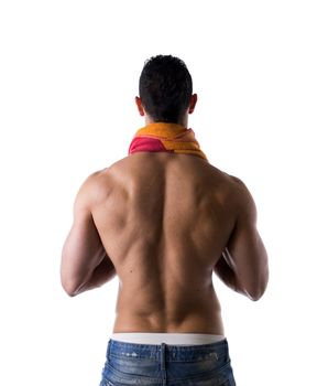 Hunk with towel around his neck back view on white background