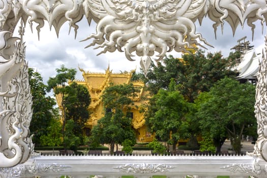 Architectural Details of White Temple Entrance. Balcony.