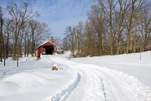 Pool Forge Covered Bridge with snow in Lancaster County,Pennsylvania, USA.