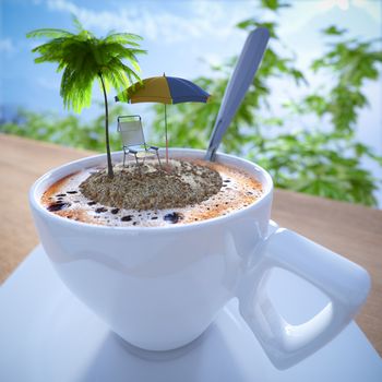 Coffee cup vacation relaxing concept composition with palm and chair