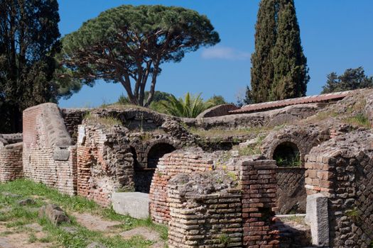 Old roman ruins in Ostia Antica near Roma
