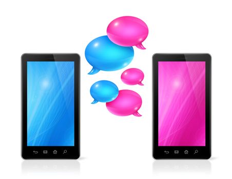 3D pink and blue Speech bubbles and mobile phones. Communication and technology