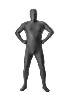 A handsome man in a grey body suit isolated on a white background