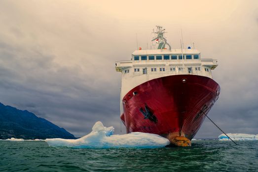 Ship anchored in Laguna San Rafael in Chile                  