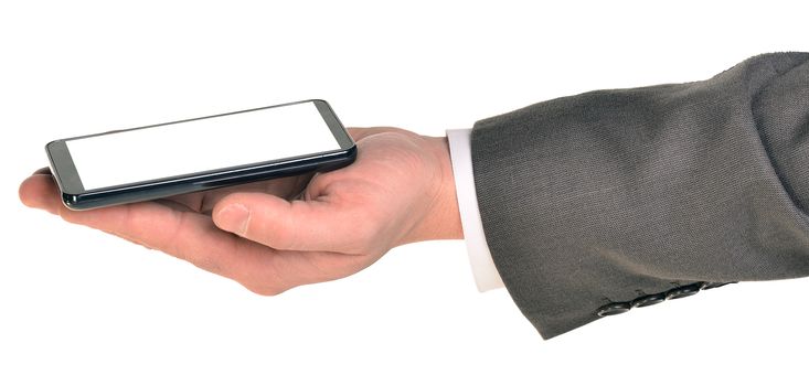 Hand holding smart phone with blank screen on white background