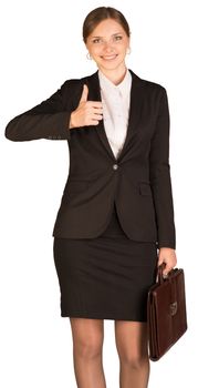 Businesswoman showing thumb up and holding briefcase. Isolated on white background