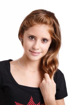 Studio fashion portrait of young beautiful smiling girl with nice eyes on white background