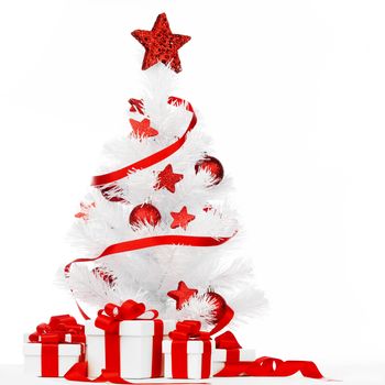 White christmas tree with red decorations and presents isolated on white background